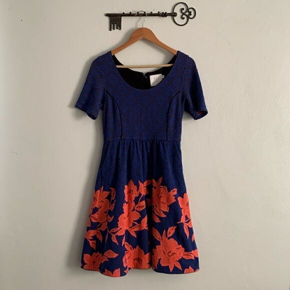 Anthropologie HD in Paris geometric fit and flare dress with floral overlay - Picture 1 of 10